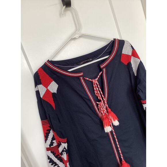 Zara embroidered tassel ties nautical Navy boho top blouse size medium vacation - Picture 2 of 10